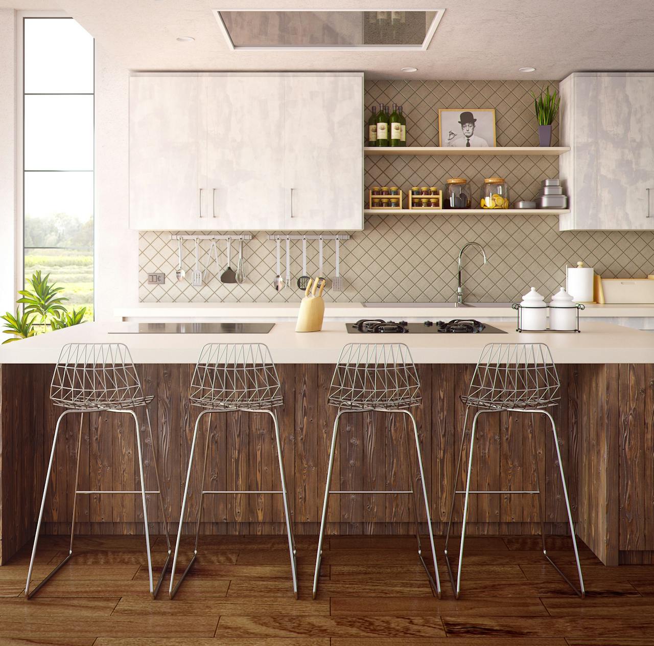 bedroom-bliss Chic minimalist kitchen design featuring wooden accents and modern bar stools.